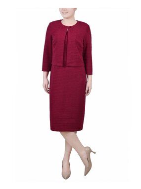 NY Collection Petite Textured 3/4 Sleeve Two Piece Dress Set Dark Red Size 14P